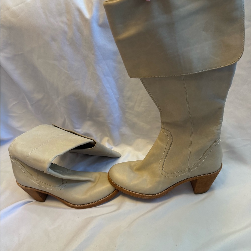 Modern Vintage Cream Tall Leather Heeled Boots